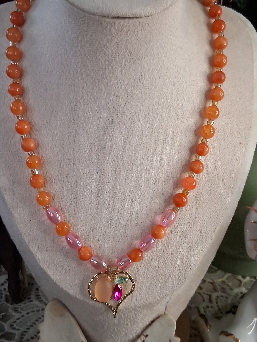 Handcrafted Orange & Pink Beaded Heart Pendant Necklace